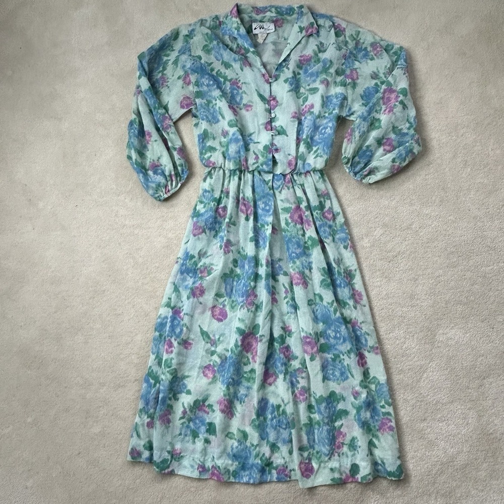 Vintage 80s Willi Of California Midi Dress Blue Floral Semi-Sheer Women's 8